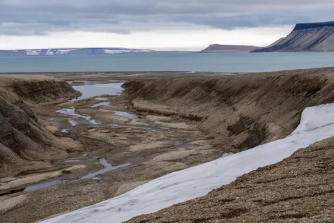 A remote Arctic tundra lake with clear water under an overcast polar sky