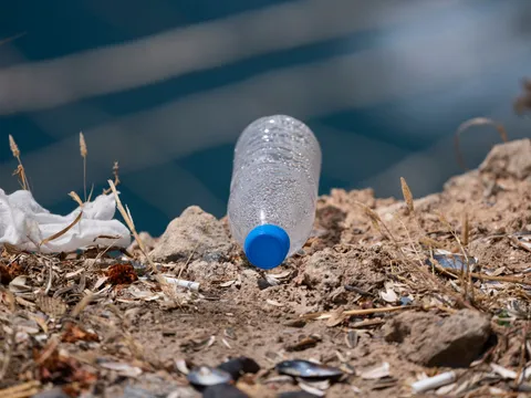 A single-use clear PET plastic water bottle on a light surface in natural daylight